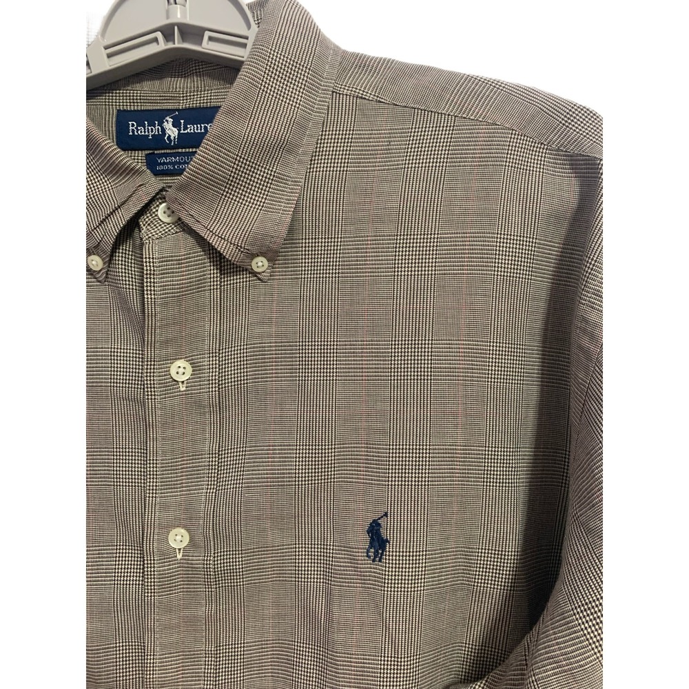 Polo Ralph Lauren Yarmouth Shirt Mens 17-34 Brown Glen Plaid Cotton Logo READ